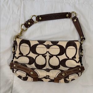 Coach Brown and Cream Signature Canvas Shoulder Bag with Gold Hardware